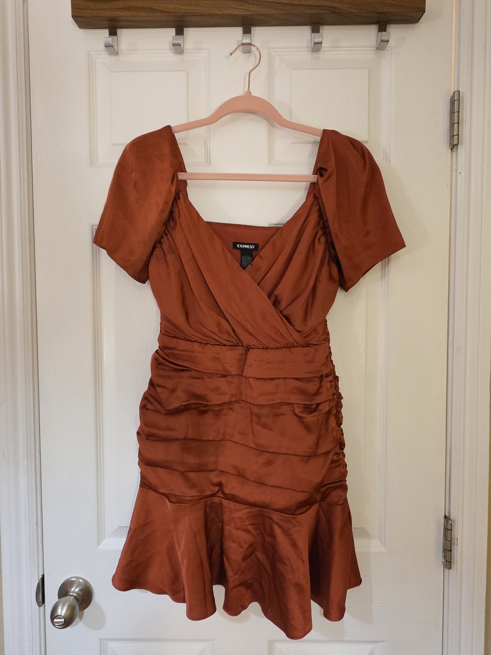 Express Rust Satin Short Sleeve Mini Dress